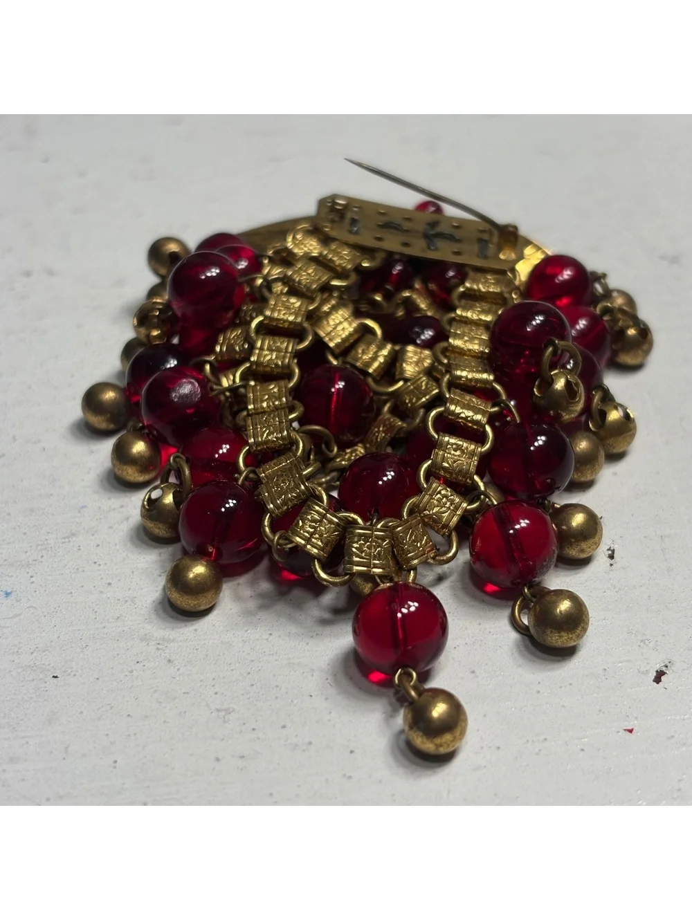 Early Verified Miriam Haskell Red Glass & Brass Bead Large Brooch